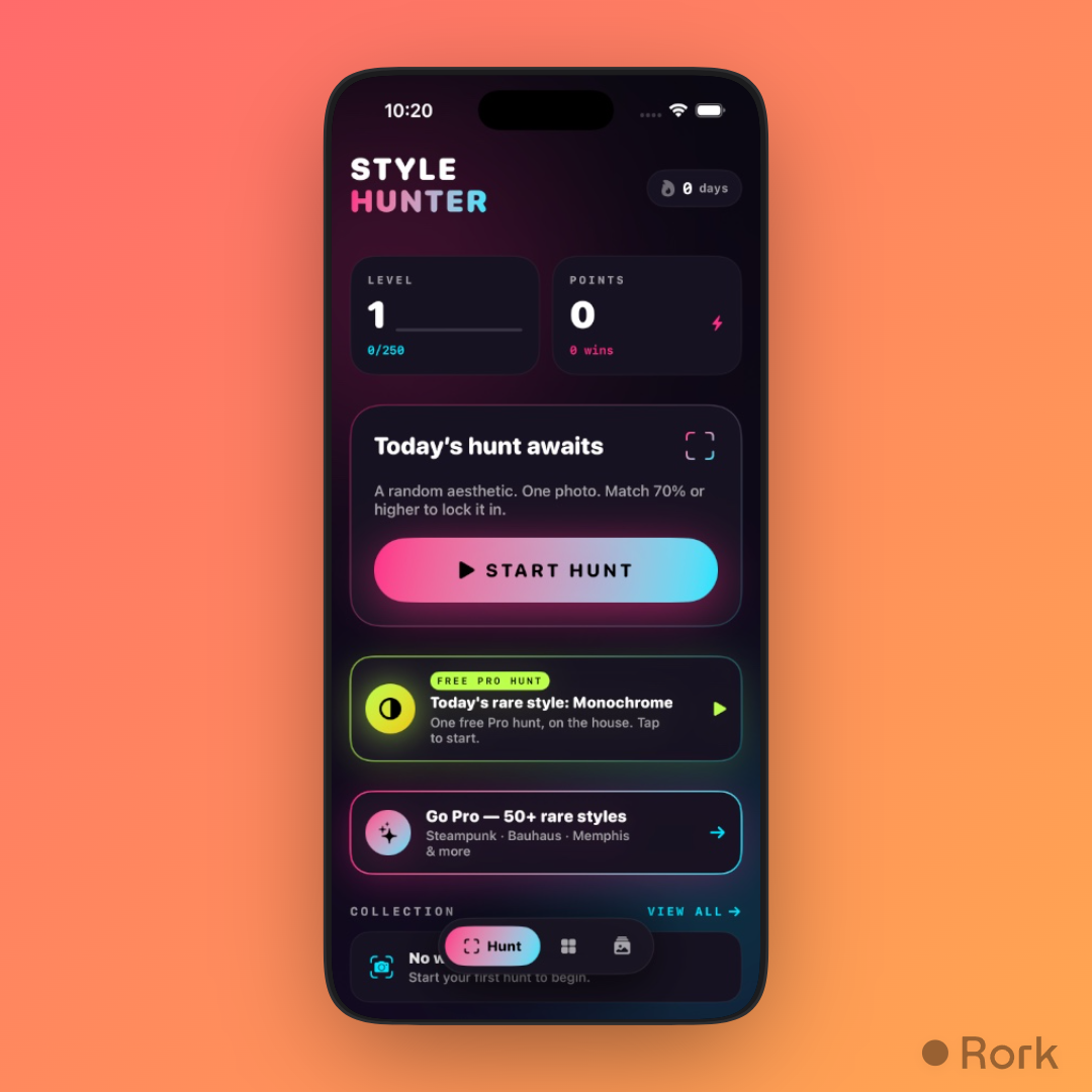Style Hunter iOS app screen showing level, points, daily hunt, rare style, Pro styles, and collection cards